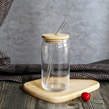 480ml High Borosilicate Glass Bottles Transparent Round Shape Juice Cold Brew Tea Soda Glass Drinking Bottle with bamboo lid and glass straw