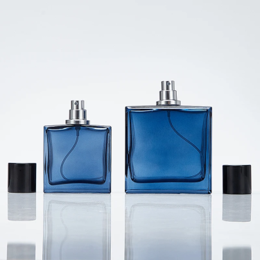 Refillable 50ml 100ml Square Blue Glass Perfume Bottle Spray Pump Bottle for Aromatic Essential Oils