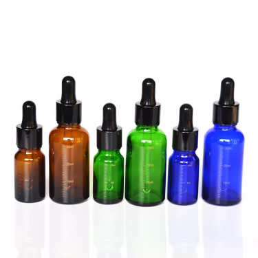 Amber blue green color skin care cosmetic light-proof essential oil glass dropper bottles with scale