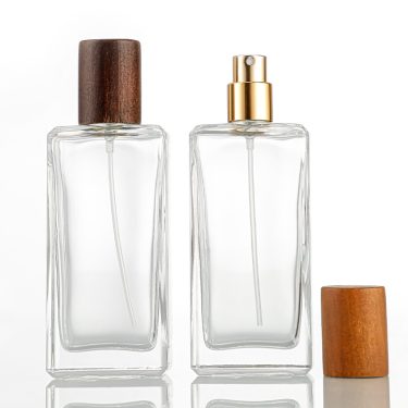 50ml transparent flat square thick bottomed glass perfume bottle with wooden color lid