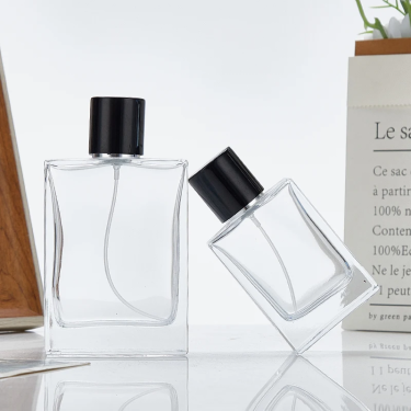 50ml 100ml flat square shape transparent glass perfume bottle with black spray pump cap