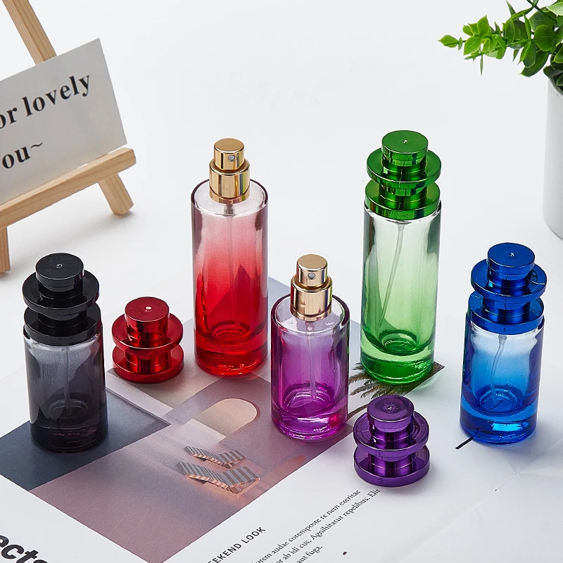 Gradient Color 20ml 30ml cylinder shape glass perfume bottles with thicken bottom and spray lid