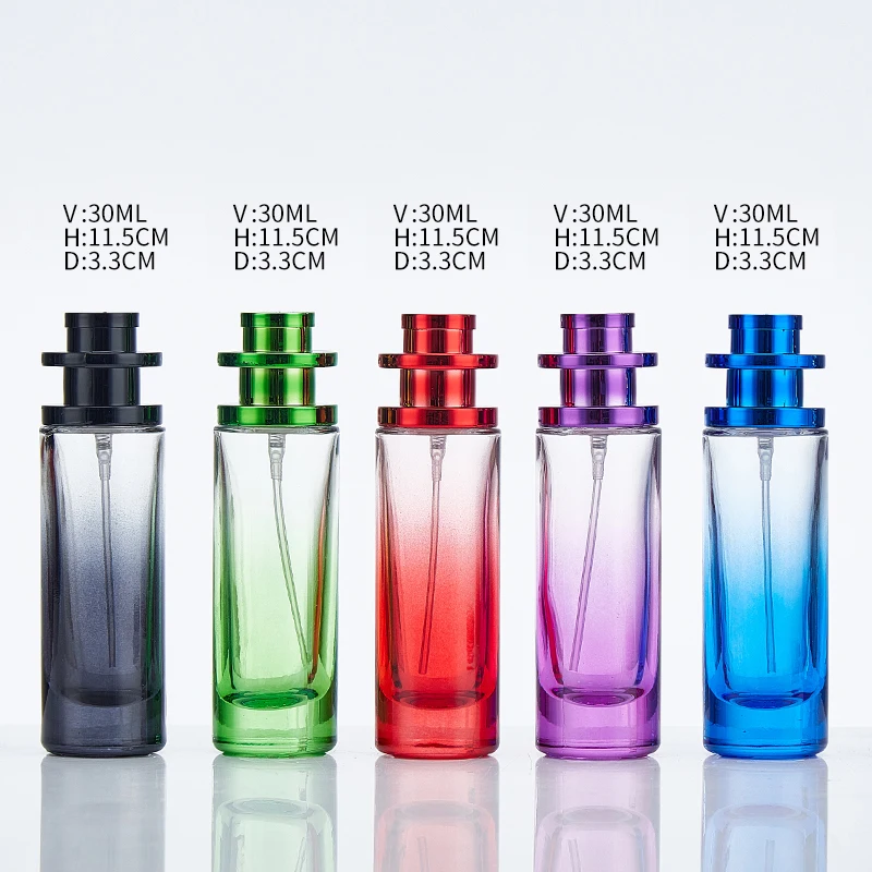 Gradient Color 20ml 30ml cylinder shape glass perfume bottles with thicken bottom and spray lid