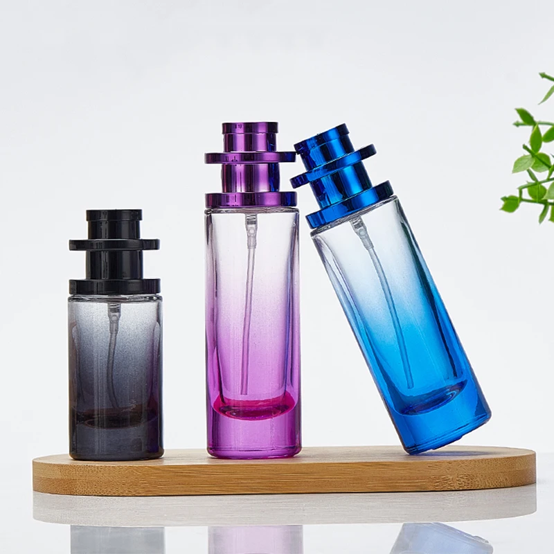 Gradient Color 20ml 30ml cylinder shape glass perfume bottles with thicken bottom and spray lid