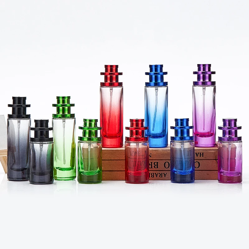 Gradient Color 20ml 30ml cylinder shape glass perfume bottles with thicken bottom and spray lid