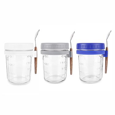 350ml Transparent Round Shape Food Storage Glass Jar Overnight Oats Cup with Plastic Cap and Spoon