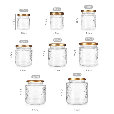 Small Sizes 75ml to 490ml Food Grade Transparent Embossed Round Shape Honey Jam Friut Canned Storage Glass Jar with Lid