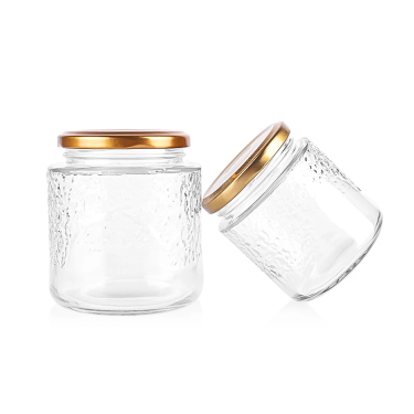 Small Sizes 75ml to 490ml Food Grade Transparent Embossed Round Shape Honey Jam Friut Canned Storage Glass Jar with Lid