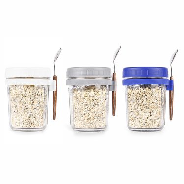 350ml Transparent Round Shape Food Storage Glass Jar Overnight Oats Cup with Plastic Cap and Spoon