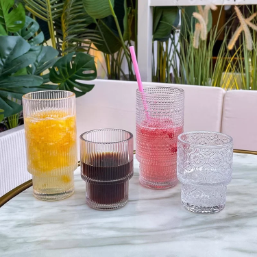 200ml 330ml Vintage Cocktail Glass Stackable Ribbed Glassware Glass Cups for Iced Coffee Juice Water Origami Style Cocktail Glass