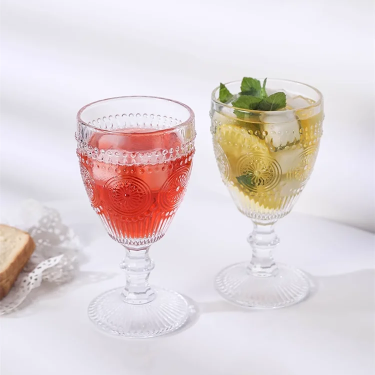 330ml Vintage Wine Glass Cup with Embossed Pattern Colored Glass Goblet for Wedding Party