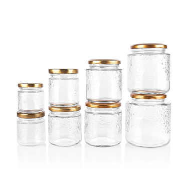 Small Sizes 75ml to 490ml Food Grade Transparent Embossed Round Shape Honey Jam Friut Canned Storage Glass Jar with Lid