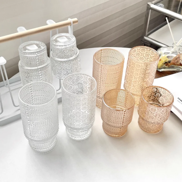 200ml 330ml Vintage Cocktail Glass Stackable Ribbed Glassware Glass Cups for Iced Coffee Juice Water Origami Style Cocktail Glass