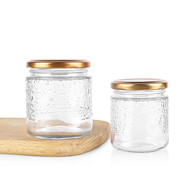 Small Sizes 75ml to 490ml Food Grade Transparent Embossed Round Shape Honey Jam Friut Canned Storage Glass Jar with Lid