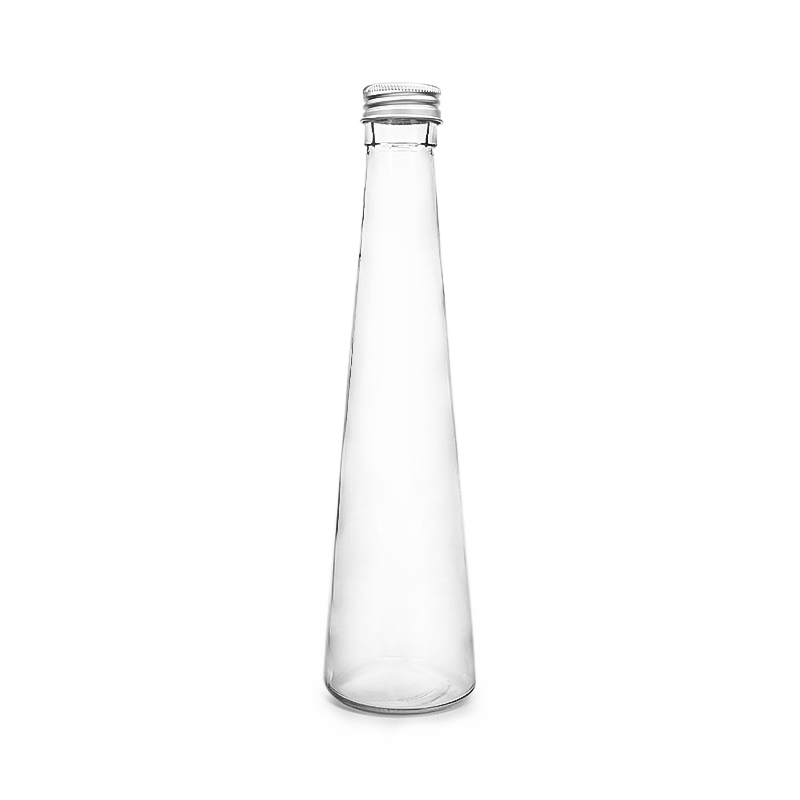 Factory hot sale 250ml 330ml conical transparent glass water bottle with sealed aluminum cover