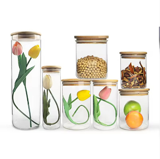 High Borosilicate Round Glass Jars With Sealing Bamboo Lid Used for display and storage450ml-1900ml