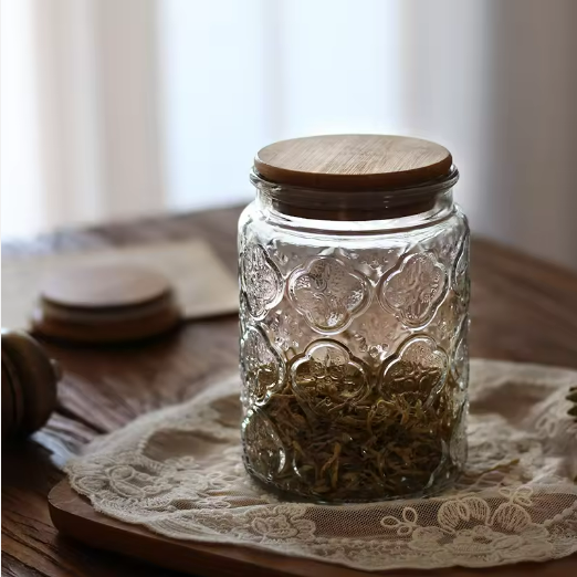 Vintage 450ml 850ml Round Embossed Tea Leaf Candy Coffee Storage Glass Jar With Bamboo Lid