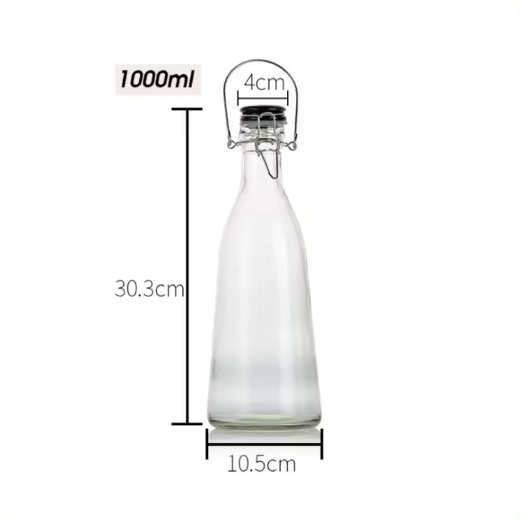 500ml 1000ml Transparent Circular Cone Shape Soft Drink Beverage Glass Bottle for Kombucha Juice with Swing top Airtight