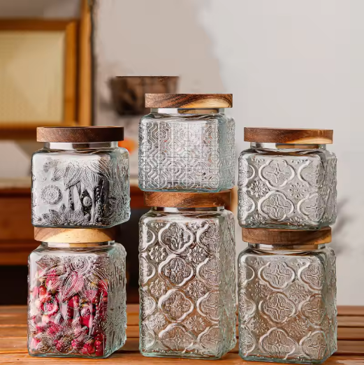 Luxury Transparent Square Shape Embossed Food Storage Glass Jar with Airtight Wooden lid