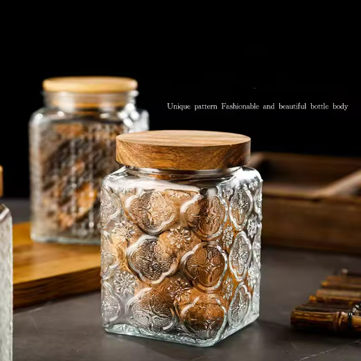 Luxury Transparent Square Shape Embossed Food Storage Glass Jar with Airtight Wooden lid