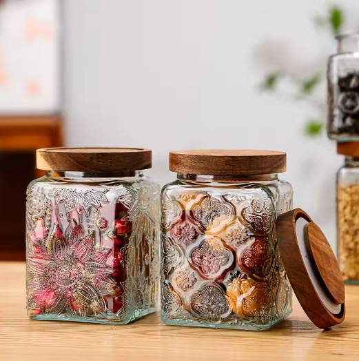 Luxury Transparent Square Shape Embossed Food Storage Glass Jar with Airtight Wooden lid