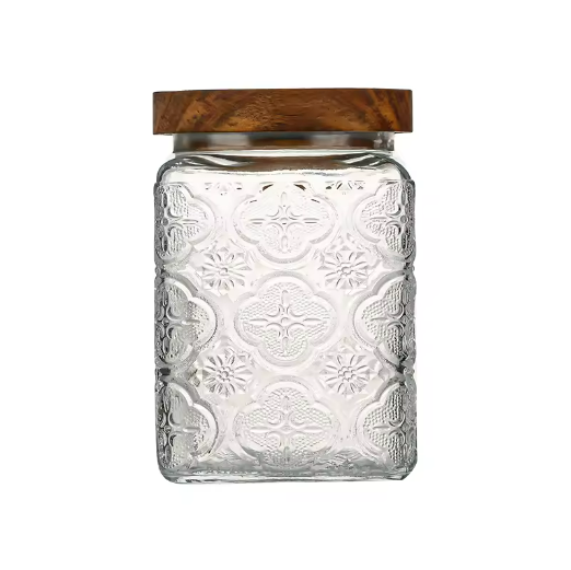 Luxury Transparent Square Shape Embossed Food Storage Glass Jar with Airtight Wooden lid