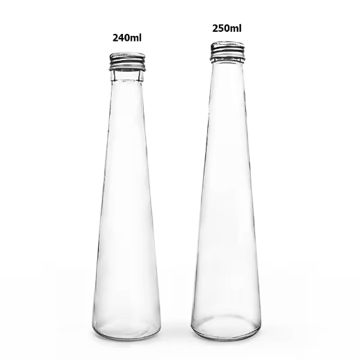 Factory hot sale 250ml 330ml conical transparent glass water bottle with sealed aluminum cover