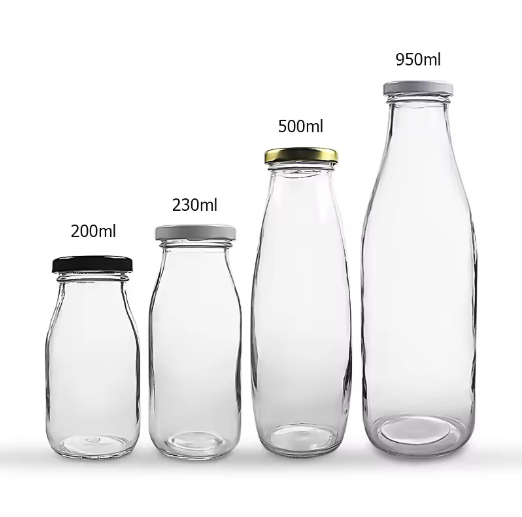 1liter Transparent empty Round milk glass bottle with metal lids 200ml 250ml 500ml 1000ml