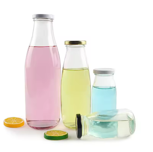 1liter Transparent empty Round milk glass bottle with metal lids 200ml 250ml 500ml 1000ml