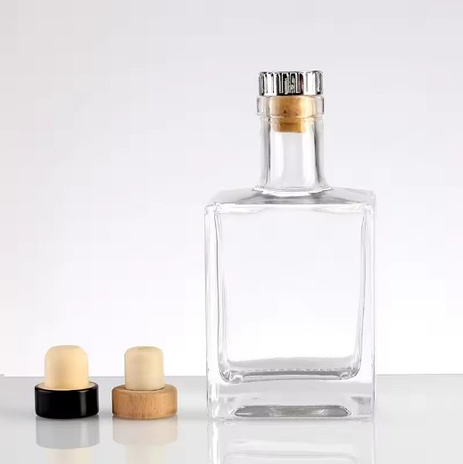 Custom Clear 250ml 500ml 750ml Square Empty Flint Glass Liquor Wine Whisky Vodka Tequila Bottle With Cork Stopper And Glass lid