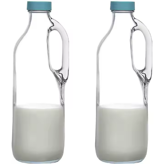 47oz Clear Glass Milk Bottles Set with Handle and Lids – Airtight milk Container for Refrigerator Jug Glass Water Pitchers Water