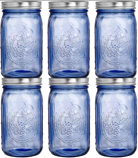 32oz Blue Mason Jars with Airtight lids Bands Vintage Regular Mouth Quart Canning Jar Jam Candy Pickling Canning Storage 1000ml