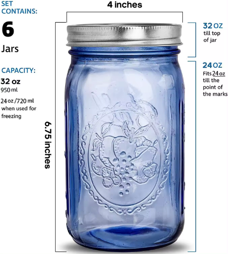 32oz Blue Mason Jars with Airtight lids Bands Vintage Regular Mouth Quart Canning Jar Jam Candy Pickling Canning Storage 1000ml