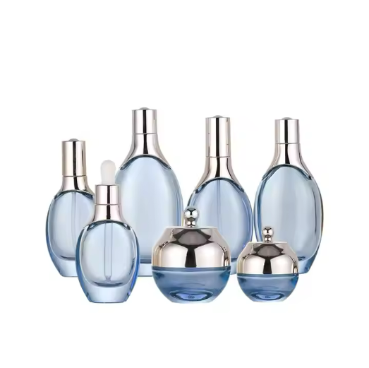 Luxury blue glass bottles 30ml 50ml 100ml 120ml 150ml 20g 50g skincare packaging dropper lotion pump bottle cream jar set