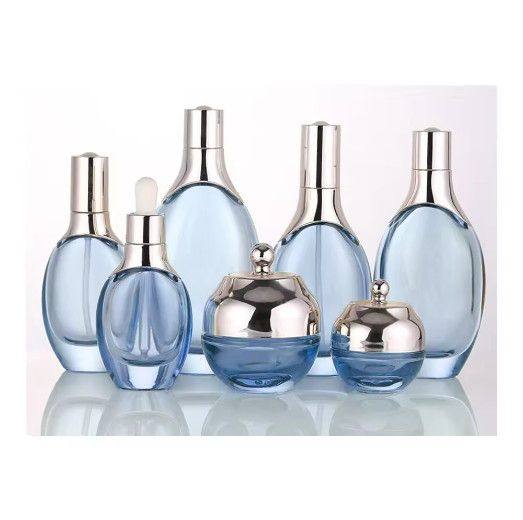 Luxury blue glass bottles 30ml 50ml 100ml 120ml 150ml 20g 50g skincare packaging dropper lotion pump bottle cream jar set