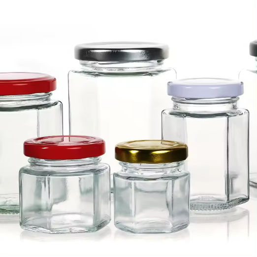 Wholesale45ml 85ml 100ml 180ml 280ml 380ml 500ml 730ml Hexagonal and other shapes Glass Jam Jar for Honey with Metal Lid