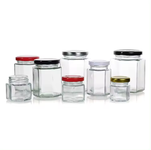 Wholesale45ml 85ml 100ml 180ml 280ml 380ml 500ml 730ml Hexagonal and other shapes Glass Jam Jar for Honey with Metal Lid