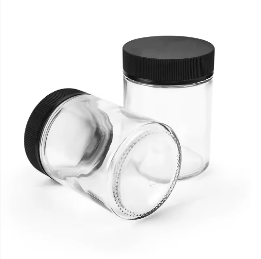 Wholesale custom size straight side child resistant glass jar 7oz 10oz CR jar with plastic black lid