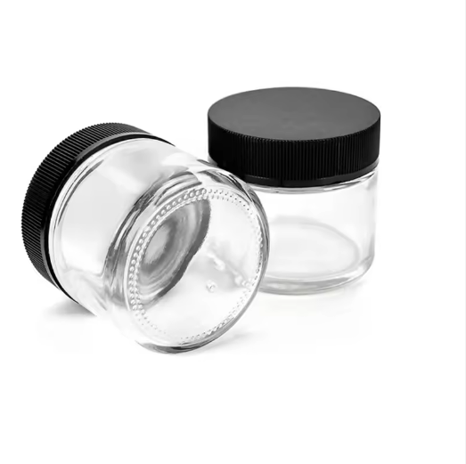 Wholesale custom size straight side child resistant glass jar 7oz 10oz CR jar with plastic black lid