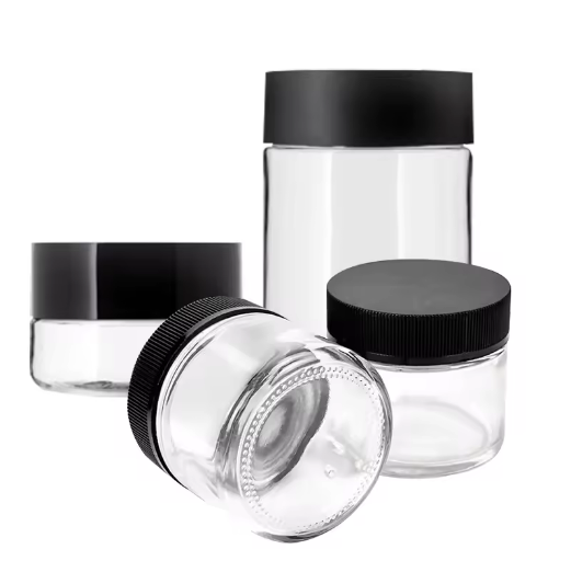 Wholesale custom size straight side child resistant glass jar 7oz 10oz CR jar with plastic black lid