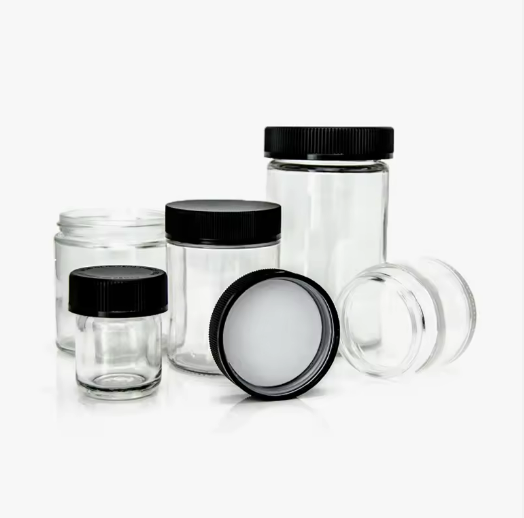 Wholesale custom size straight side child resistant glass jar 7oz 10oz CR jar with plastic black lid