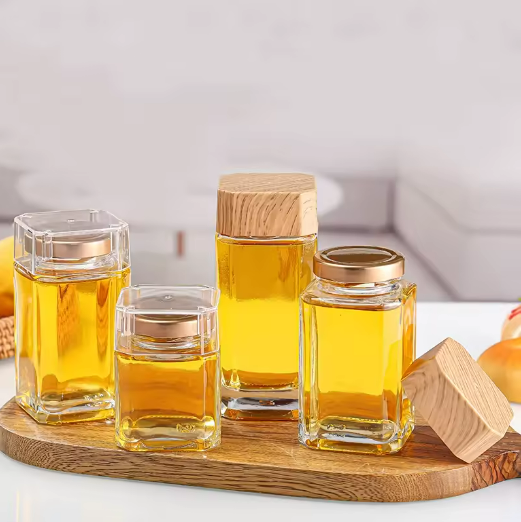 Available different sizes high end design octagon honey jar glass glass jar for honey glass honey jar luxury with bamboo lid