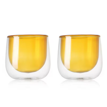 Unique design double-layer 200ml yellow high borosilicate glass beverage cup gift set