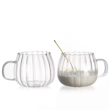 Pumpkin shape 400ml round clear stripe design glass milk cup coffee cup with handle