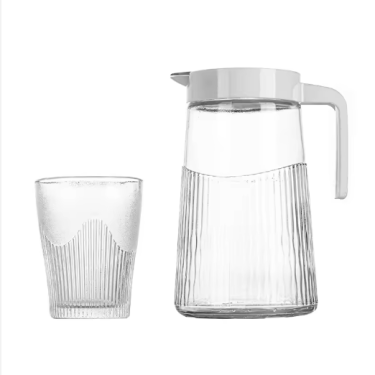 Modern Striped Line Pattern Transparent Water Jug Ice Tea Glass Juice Pitcher With 4 270ml Glass Cups Set