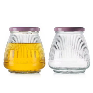 Factory price 450 ml clear stripe glass honey jar with lid wholesale