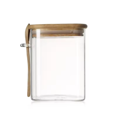 Square Straight Side High Borosilicate Glass Jar Glass Storage Jar With Airtight Bamboo Lid And Spoon