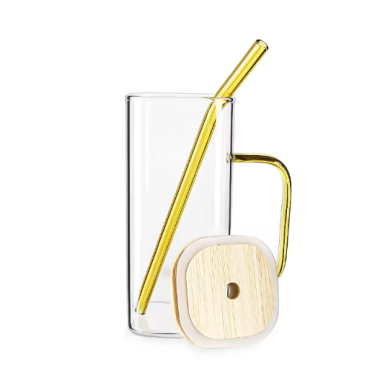 380ml Clear Square Base Glass Cup with Bamboo Lids and Straws Transparent Square Glass Coffee Cup with Handle