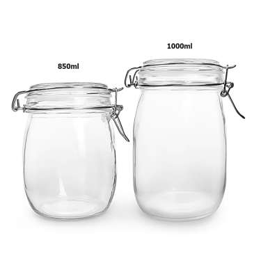 High Quality 850ml 1000ml Food Storage Hermetic Glass Clip Jar Transparent Round Shape Glass Jar with Clip Top