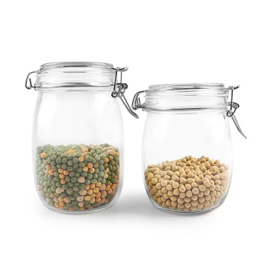 High Quality 850ml 1000ml Food Storage Hermetic Glass Clip Jar Transparent Round Shape Glass Jar with Clip Top